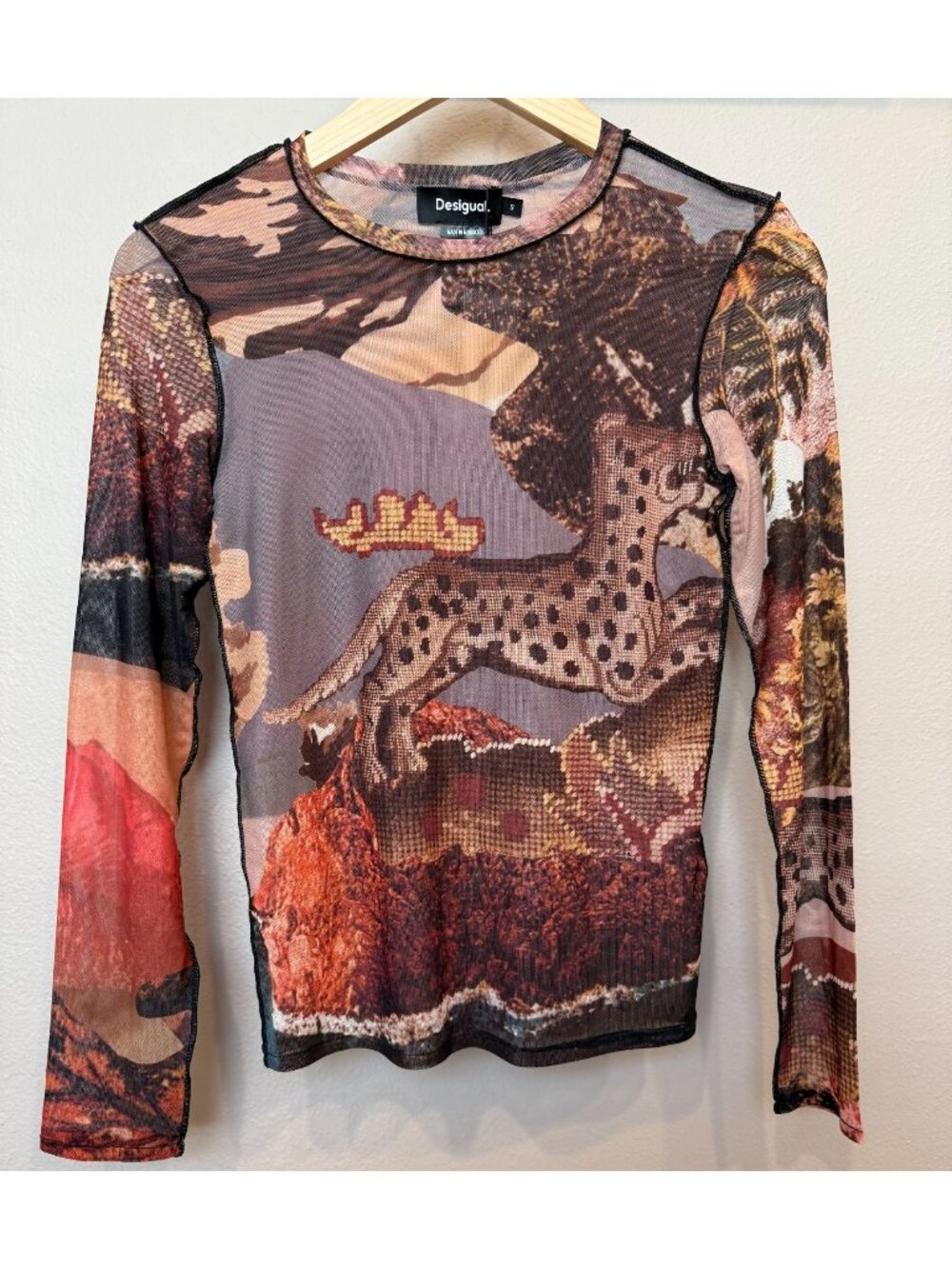 Desigual Slim Fit Tulle Tapestry Collage Cheetah Top Small Long Sleeve Goth